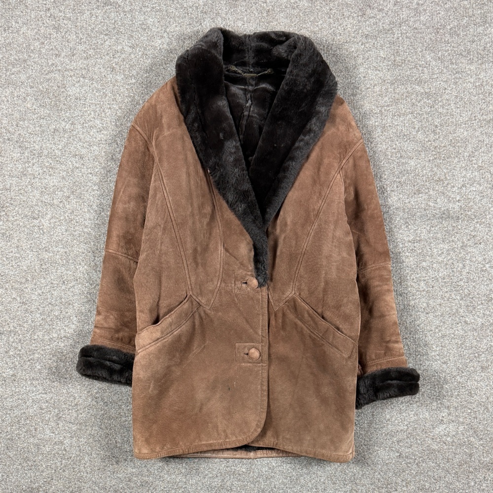 Vintage Brown Genuine Leather Fur Lined Coat Women’s S Fur Shawl Collar Jacket